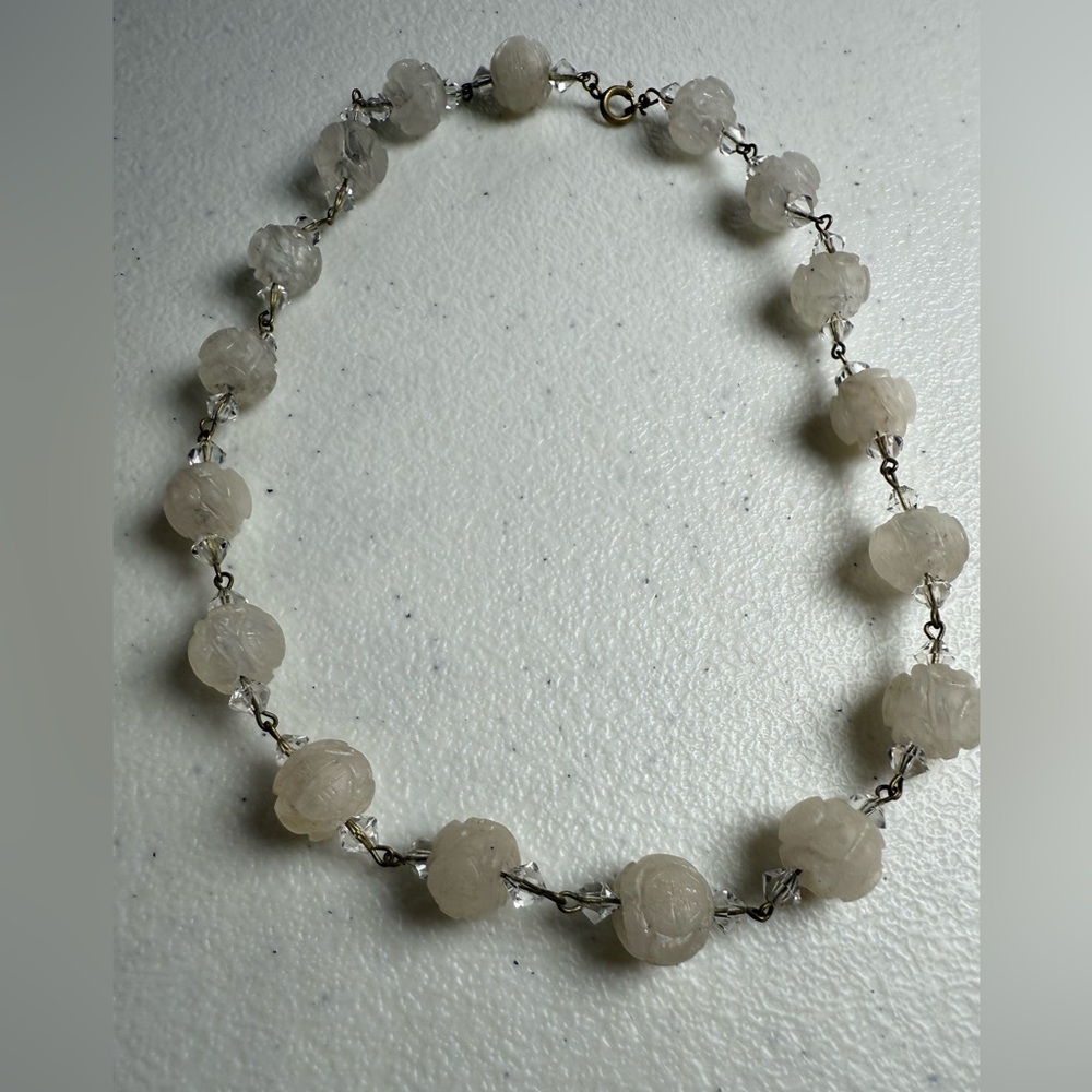 Vintage Anglecore Choker Carved Rose Quartz Beads With Crystals Gothic Revival